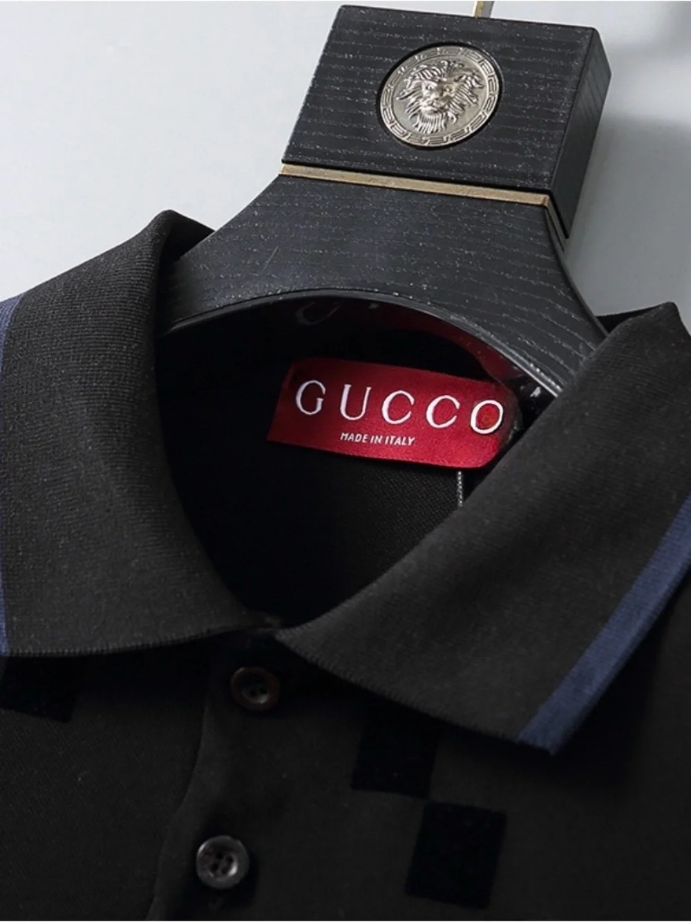 Gucci Black Polo with Tonal GG Jacquard and Navy Trim